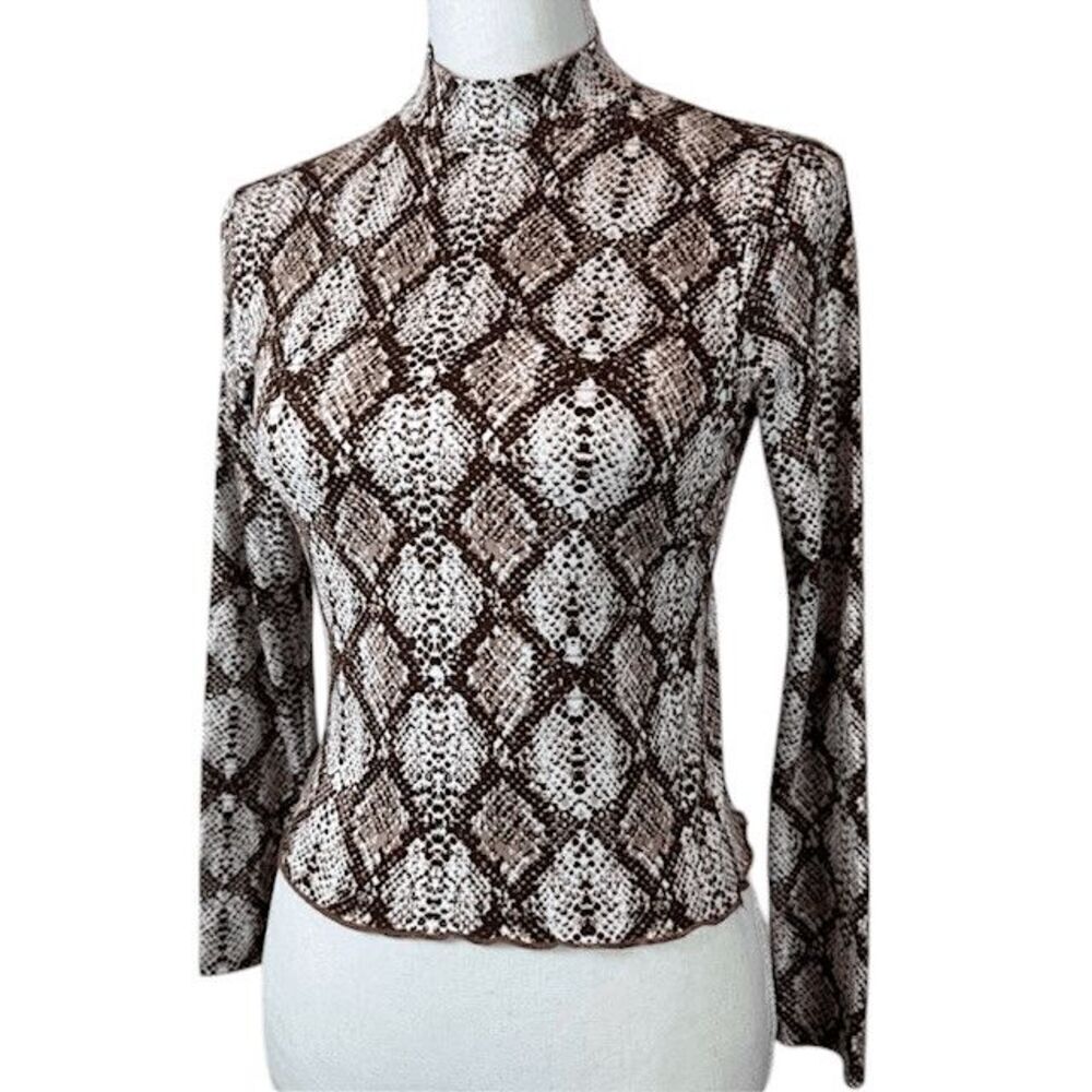 Olivia Rae Snakeskin‎ Print Mock Neck stretch Blouse Brown White Size Small